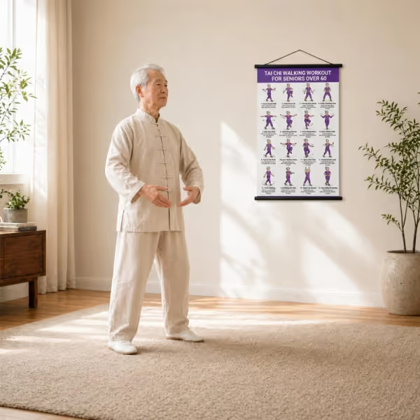 🧓📋 Tai Chi Workout Poster for Seniors – 16 illustrated exercises, standing or seated, large text – easy to follow. 💪