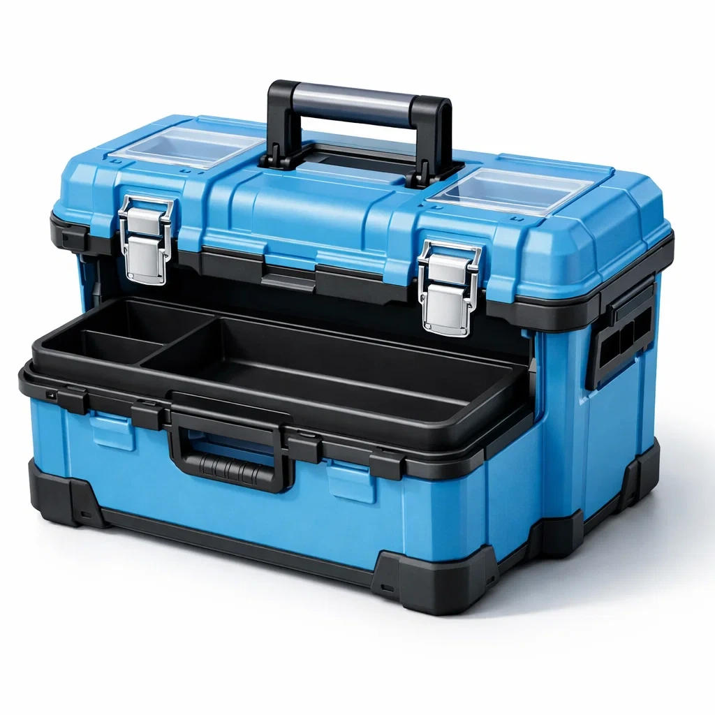 Boîte à outils en plastique bleu avec fermetures métalliques-homeurbania