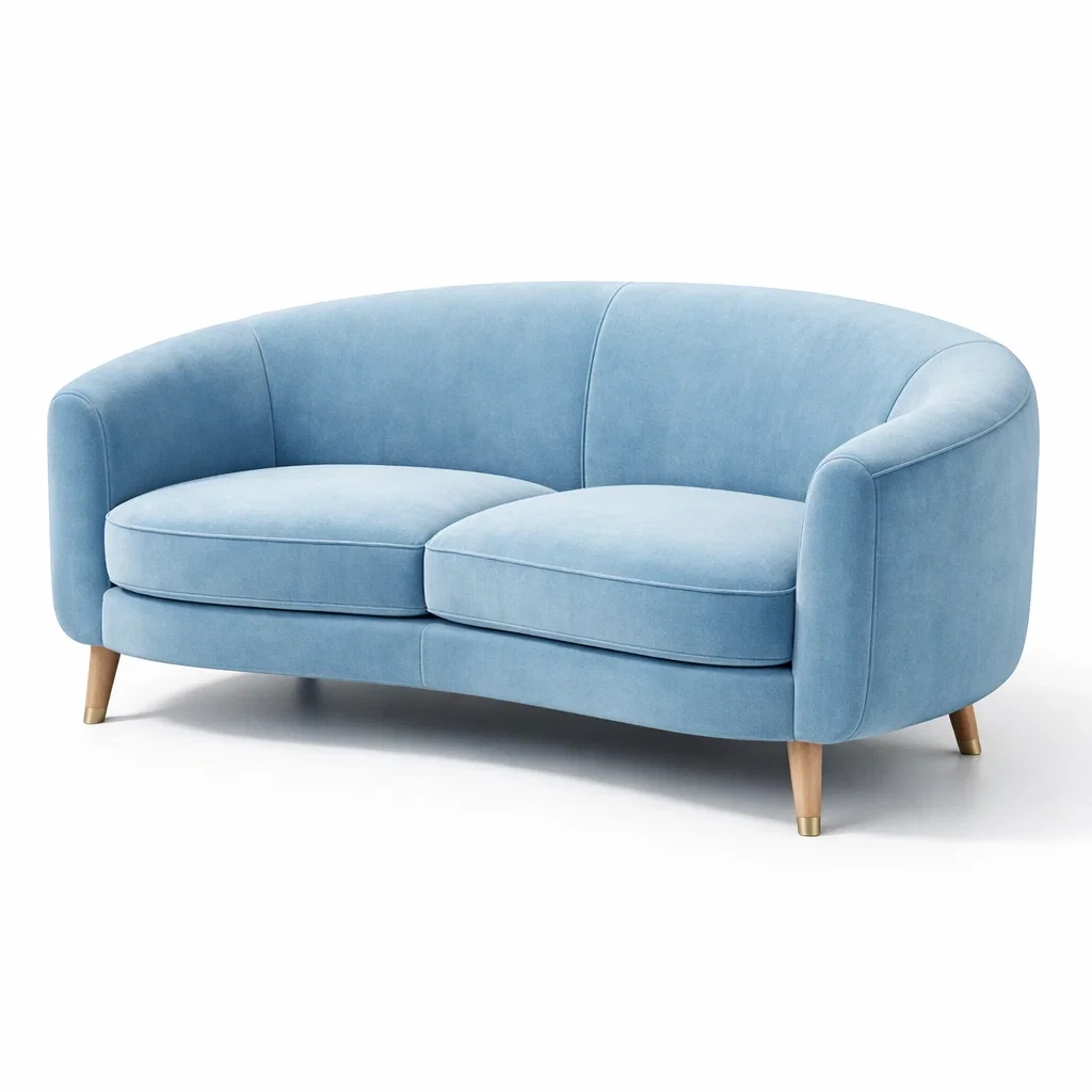 Canapé deux places en velours bleu avec pieds en bois-homeurbania