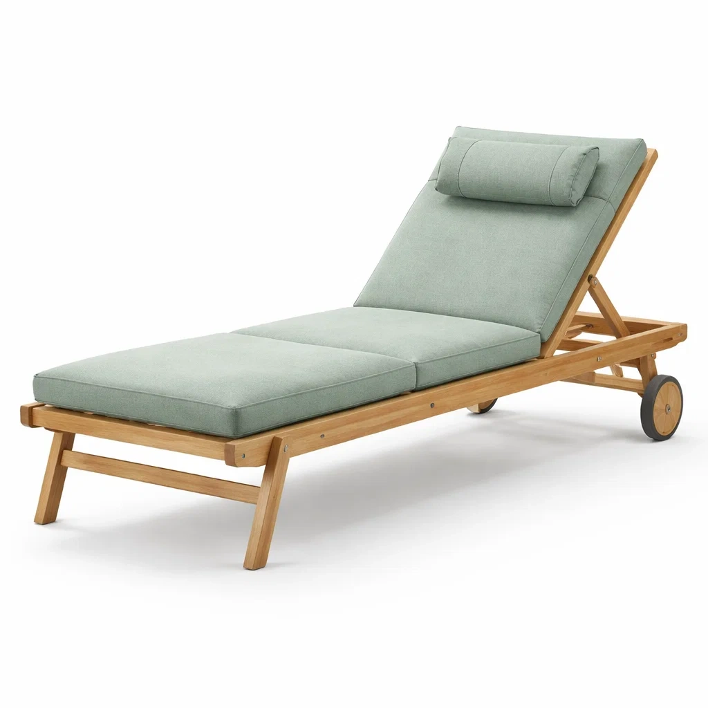 Chaise longue en teck avec coussin réglable vert-homeurbania
