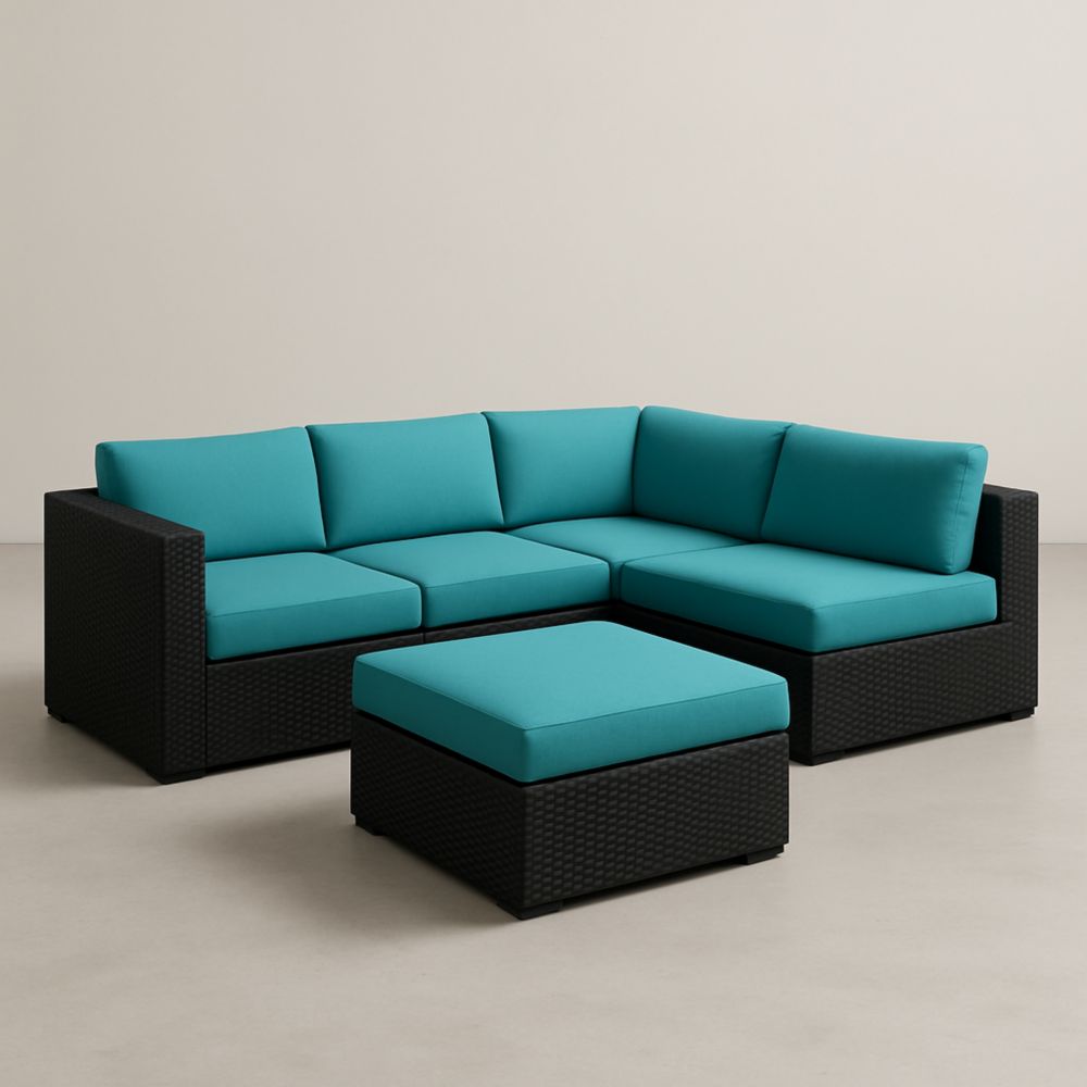 Ensemble modulable de canapé en résine tressée noir avec coussins bleu turquoise