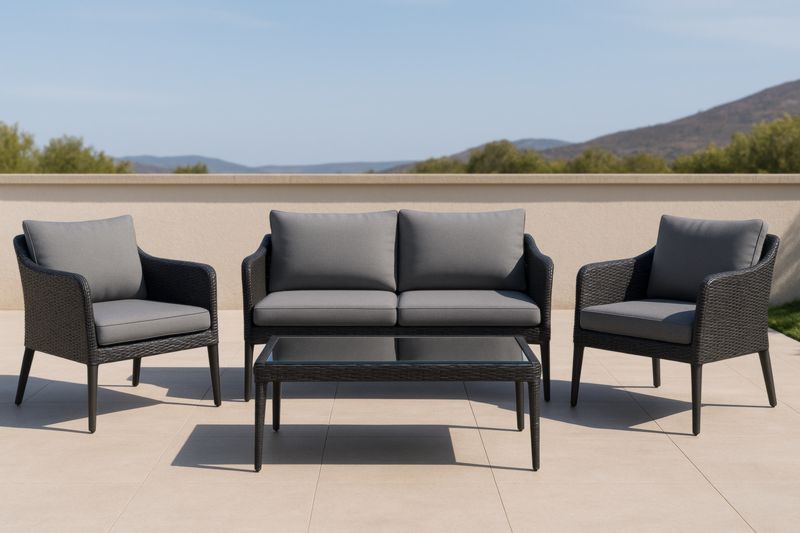 Ensemble Mobilier de Jardin Résine Tressée Noir Gris Coussins Polyester Table Verre 2 Fauteuils et Canapé
