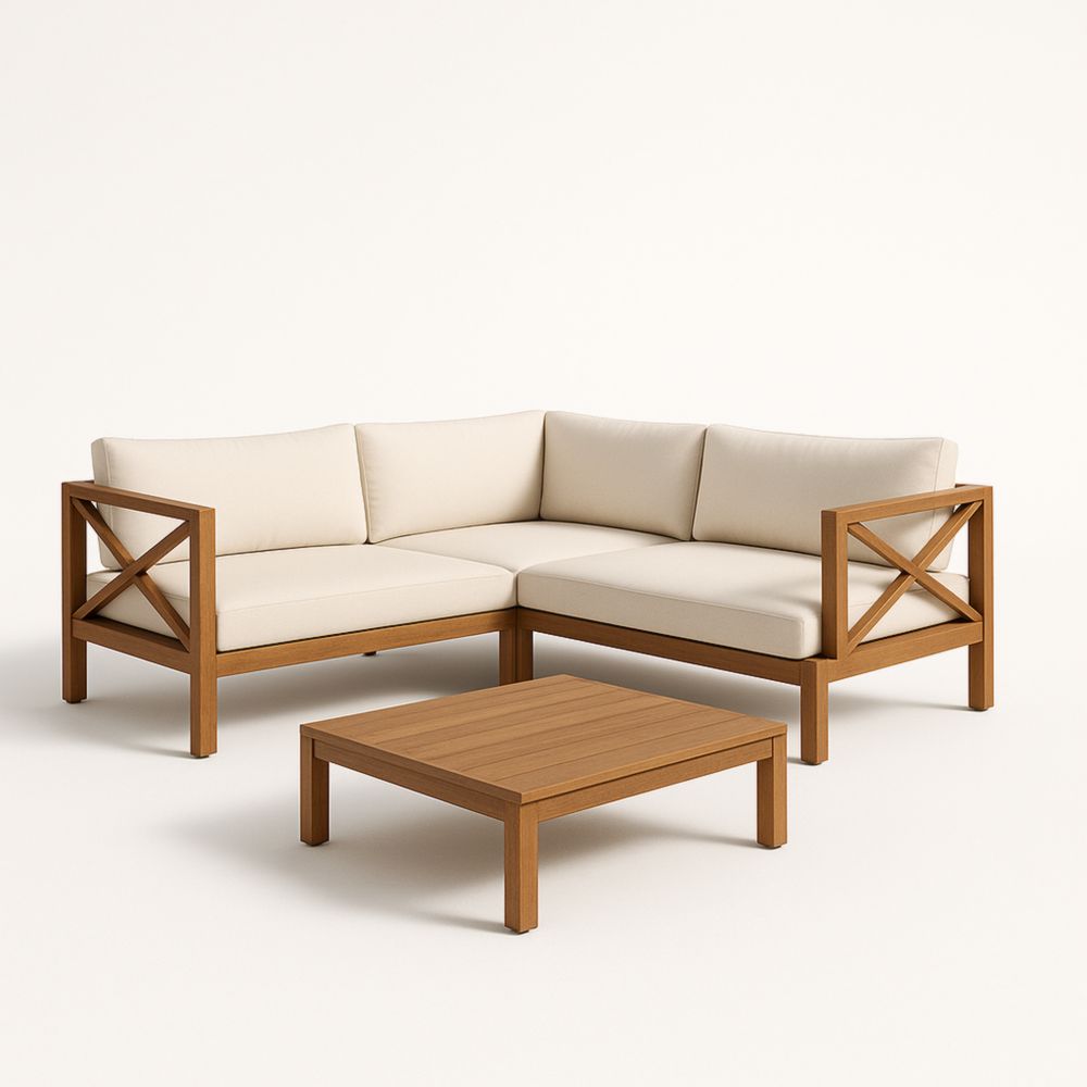 Ensemble canapé d'angle en bois avec coussins en polyester beige pour extérieur