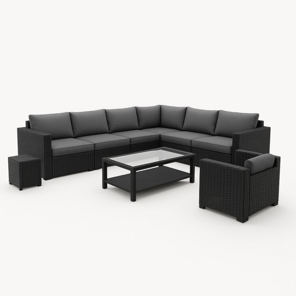 Ensemble de salon de jardin en résine tressée noire avec coussins en polyester gris table basse en verre trempé 300cm x 200cm