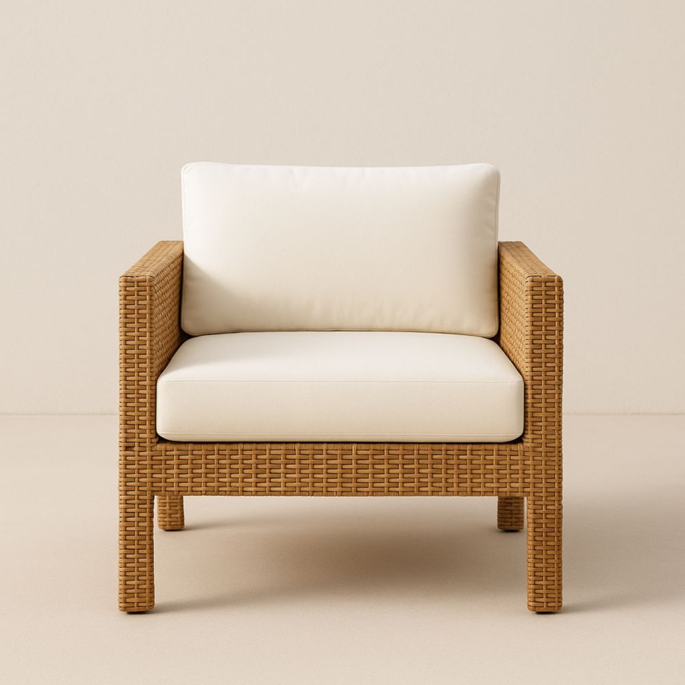 Fauteuil en résine tressée avec coussins en polyester crème