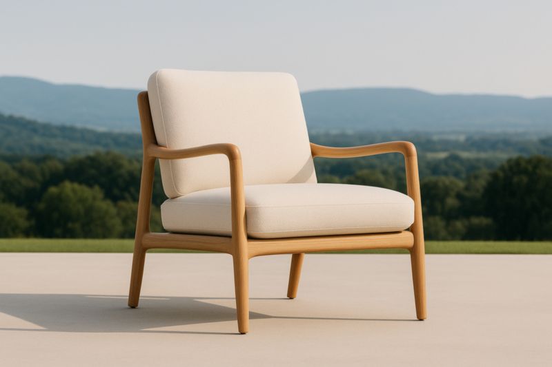 Fauteuil extérieur en chêne avec coussin en polyester blanc