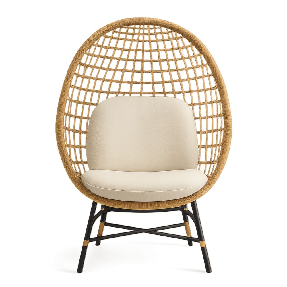 Poltrona da esterno a uovo in metallo e polietilene con cuscini crema