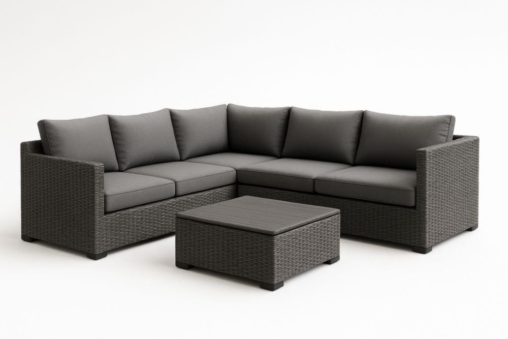 Set angolare divano da esterno in rattan e tessuto grigio con tavolino