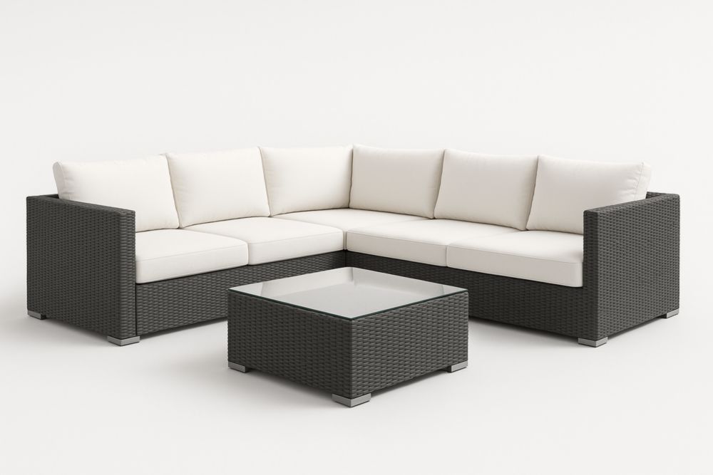 Divano ad angolo Modulare in Rattan con Cuscini Bianchi e Tavolino in Vetro