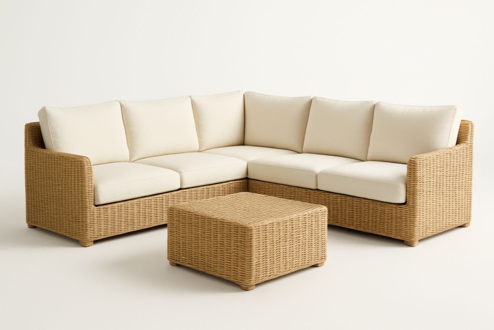 Set Divano ad angolo con Poggiapiedi in Rattan Sintetico e Cuscini Crema