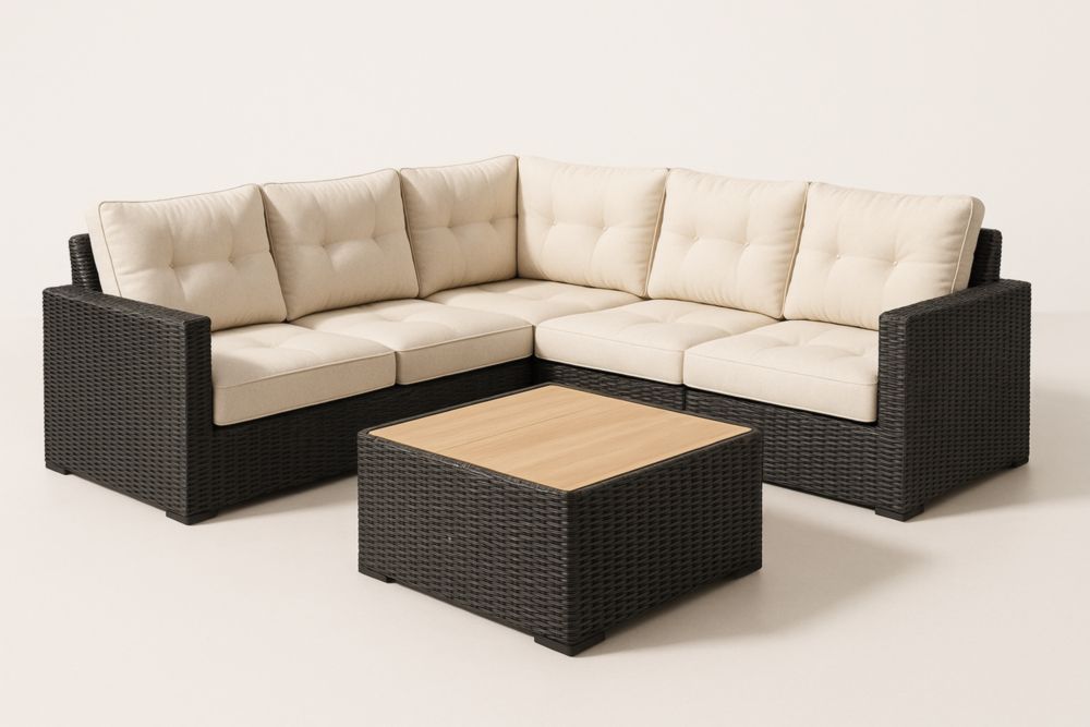 Set Salotto Angolare Rattan Sintetico con Tavolino Legno Acacia Nero e Cuscini Crema