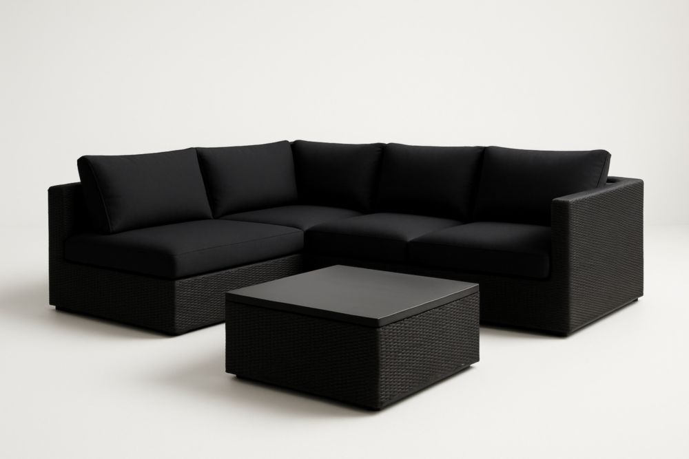 Divano ad angolo in polietilene nero con cuscini in poliestere