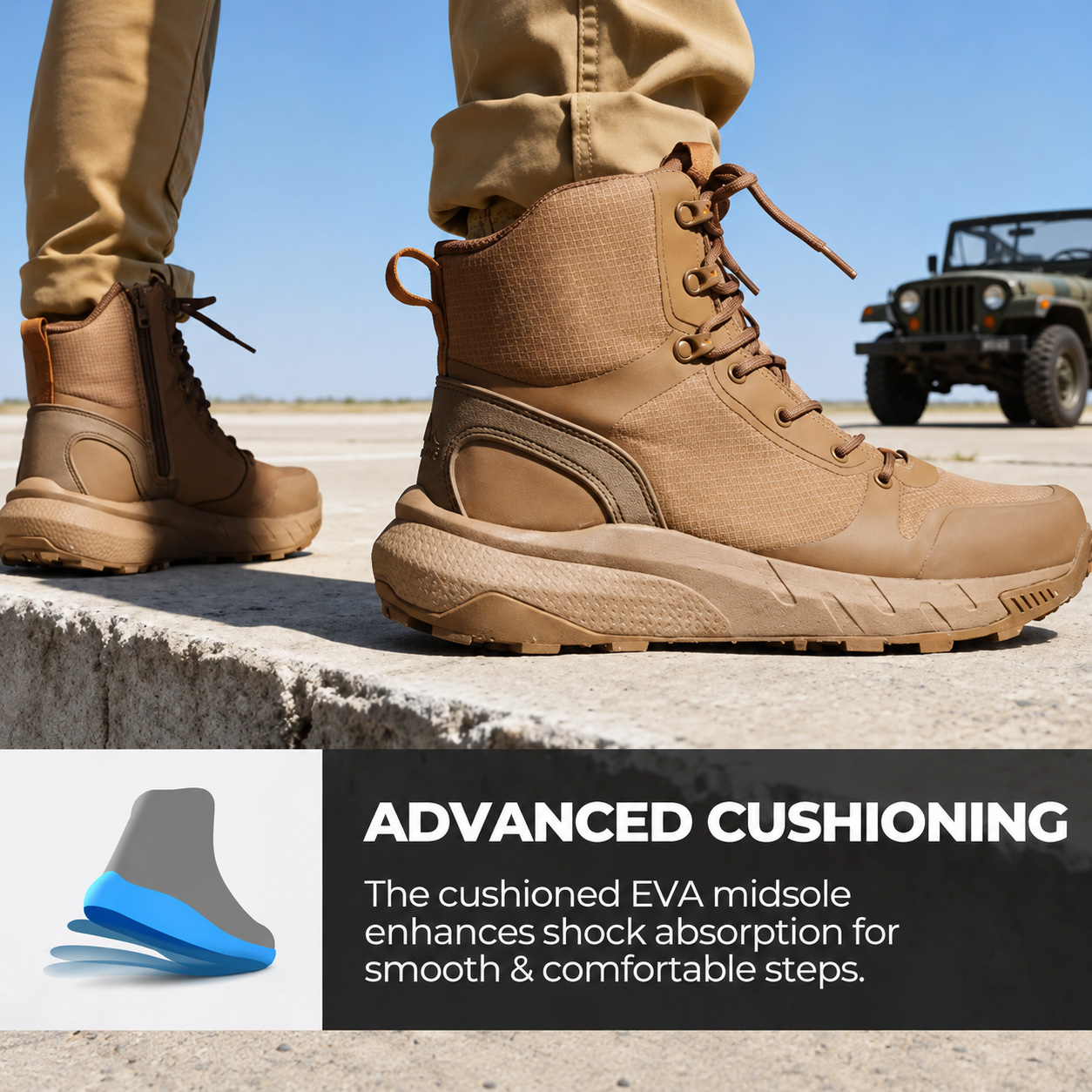 Men's 8-in Closed Design Tactical Walking Shoes | Lightweight, Shock-Absorbing, Side Zipper Mesh Work & Hiking Safety Footwear