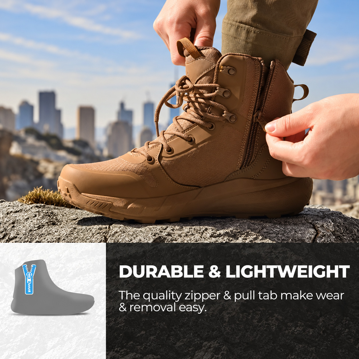 Men's 8-in Closed Design Tactical Walking Shoes | Lightweight, Shock-Absorbing, Side Zipper Mesh Work & Hiking Safety Footwear