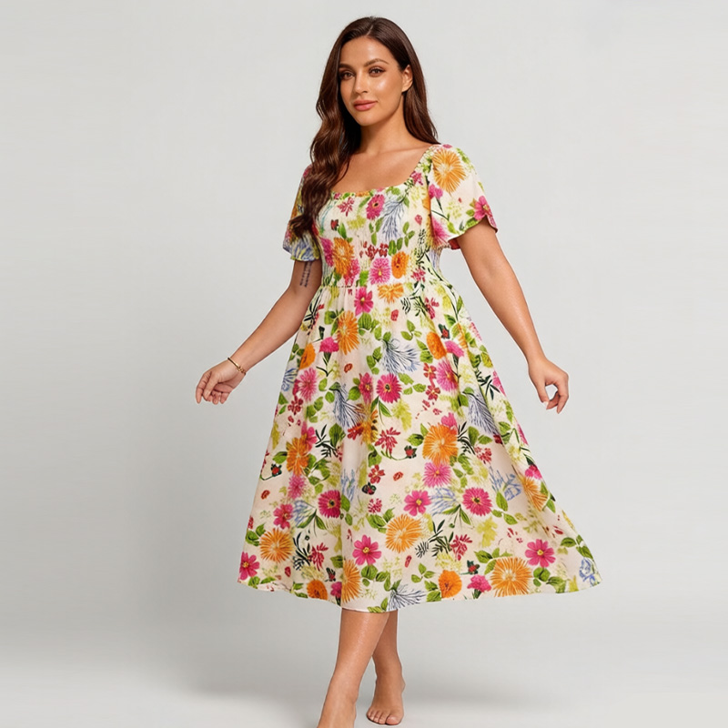 🌸Summer Hot Sale 70% OFF💃Floral Smocked Square Neck Midi Dress with Pockets