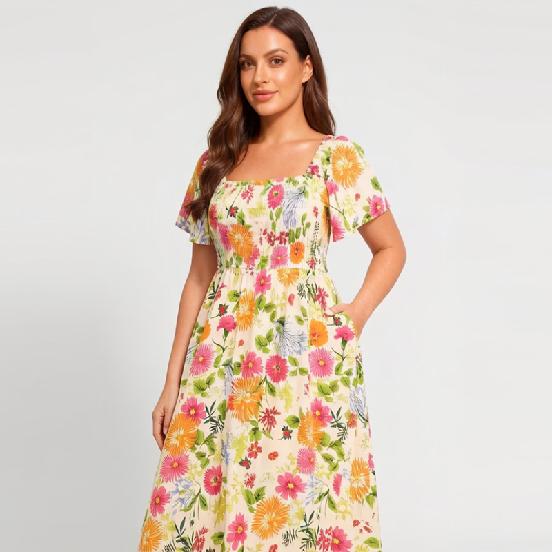 🌸Summer Hot Sale 70% OFF💃Floral Smocked Square Neck Midi Dress with Pockets
