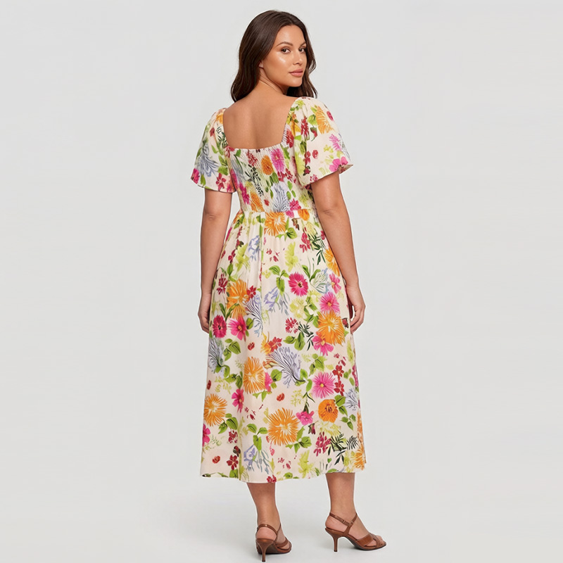 🌸Summer Hot Sale 70% OFF💃Floral Smocked Square Neck Midi Dress with Pockets