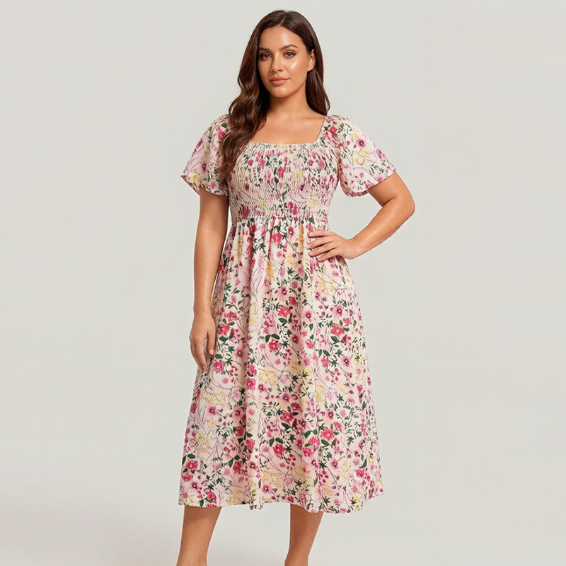 🌸Summer Hot Sale 70% OFF💃Floral Smocked Square Neck Midi Dress with Pockets