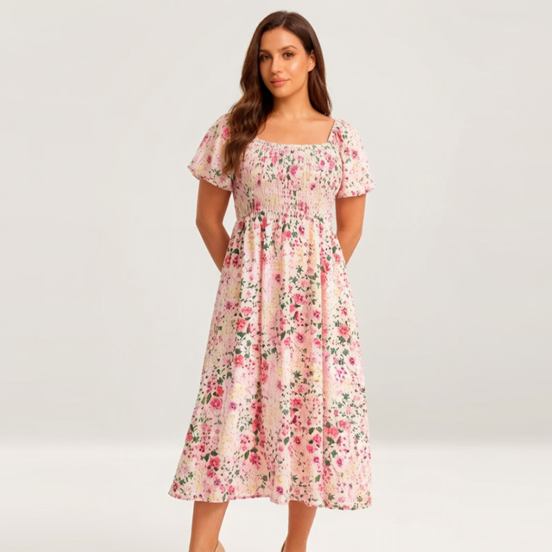 🌸Summer Hot Sale 70% OFF💃Floral Smocked Square Neck Midi Dress with Pockets