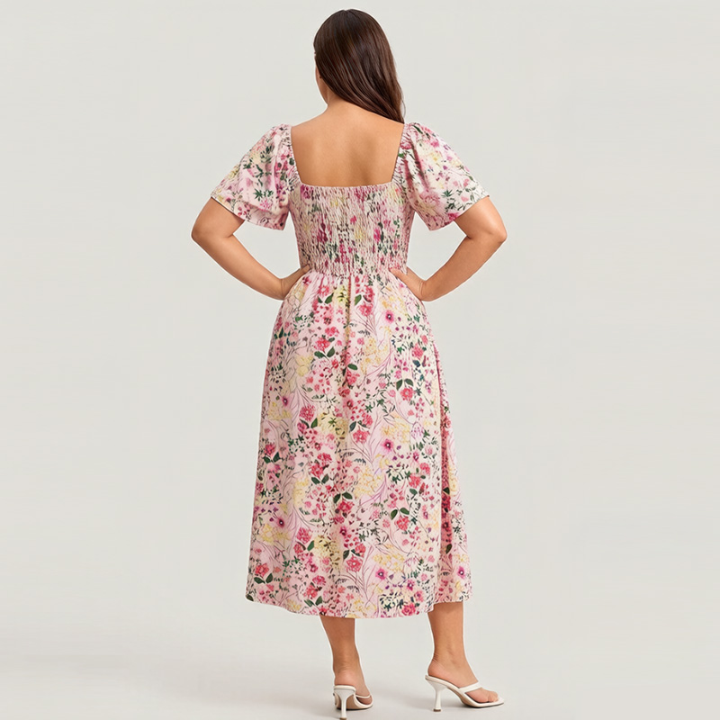 🌸Summer Hot Sale 70% OFF💃Floral Smocked Square Neck Midi Dress with Pockets
