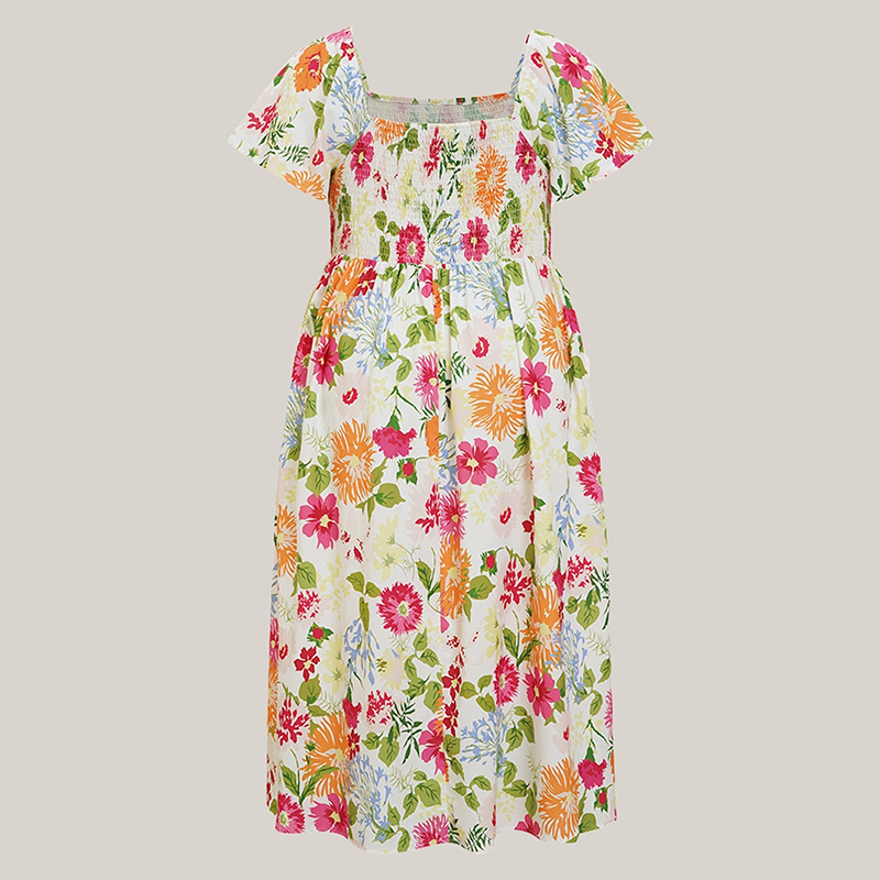 🌸Summer Hot Sale 70% OFF💃Floral Smocked Square Neck Midi Dress with Pockets