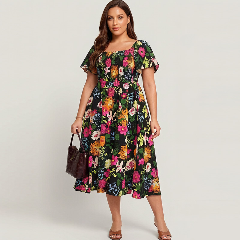 🌸Summer Hot Sale 70% OFF💃Floral Smocked Square Neck Midi Dress with Pockets
