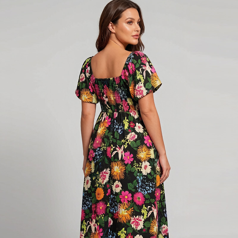 🌸Summer Hot Sale 70% OFF💃Floral Smocked Square Neck Midi Dress with Pockets