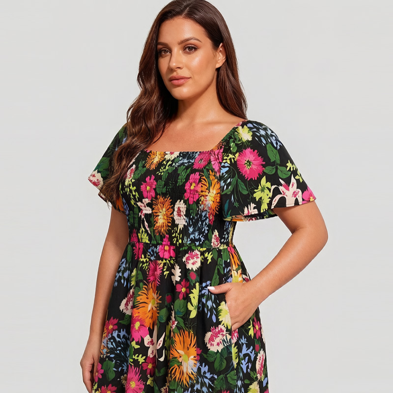 🌸Summer Hot Sale 70% OFF💃Floral Smocked Square Neck Midi Dress with Pockets