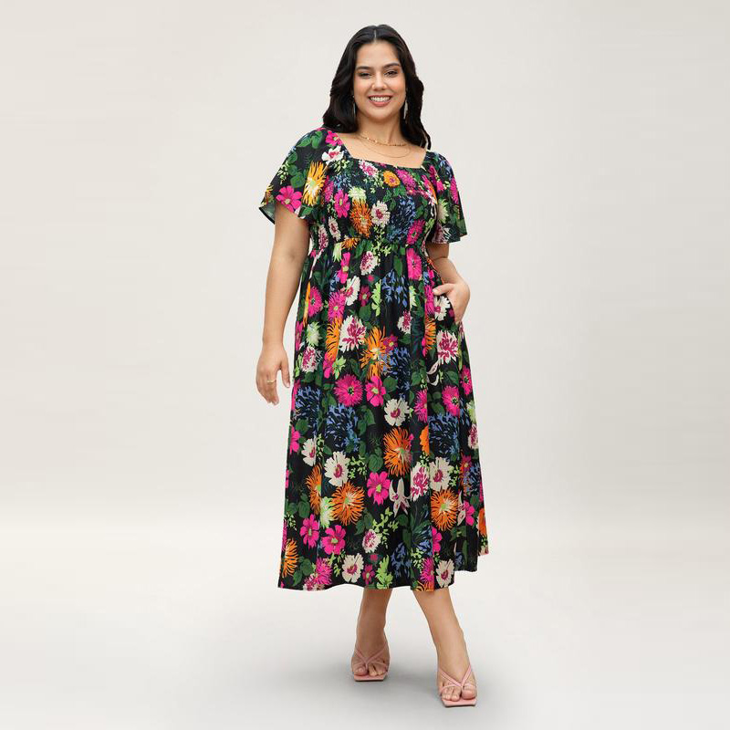 🌸Summer Hot Sale 70% OFF💃Floral Smocked Square Neck Midi Dress with Pockets