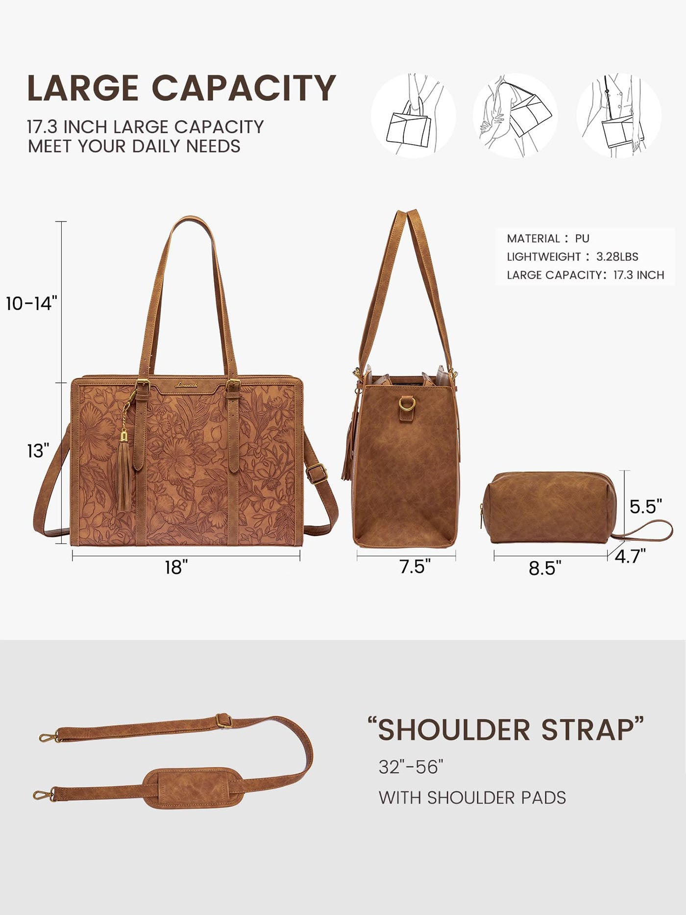 💼Vintage Embossed Leather Laptop Tote, 15.6" 17.3"Laptops🔥（Handcrafted with care）As an added bonus, this messenger bag comes with a clutch bag.