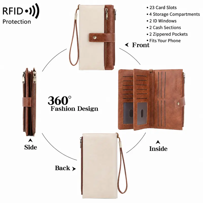 👛RFID Blocking Leather Wallet | Large Capacity Tri-Fold Clutch with Wristlet, 23 Card Slots & Zipper Pocket – RFID Security for Everyday Carry