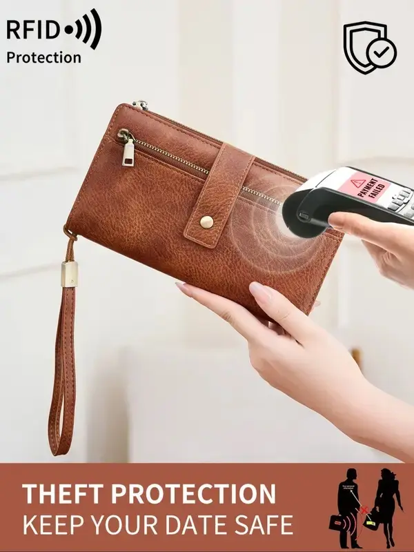 👛RFID Blocking Leather Wallet | Large Capacity Tri-Fold Clutch with Wristlet, 23 Card Slots & Zipper Pocket – RFID Security for Everyday Carry