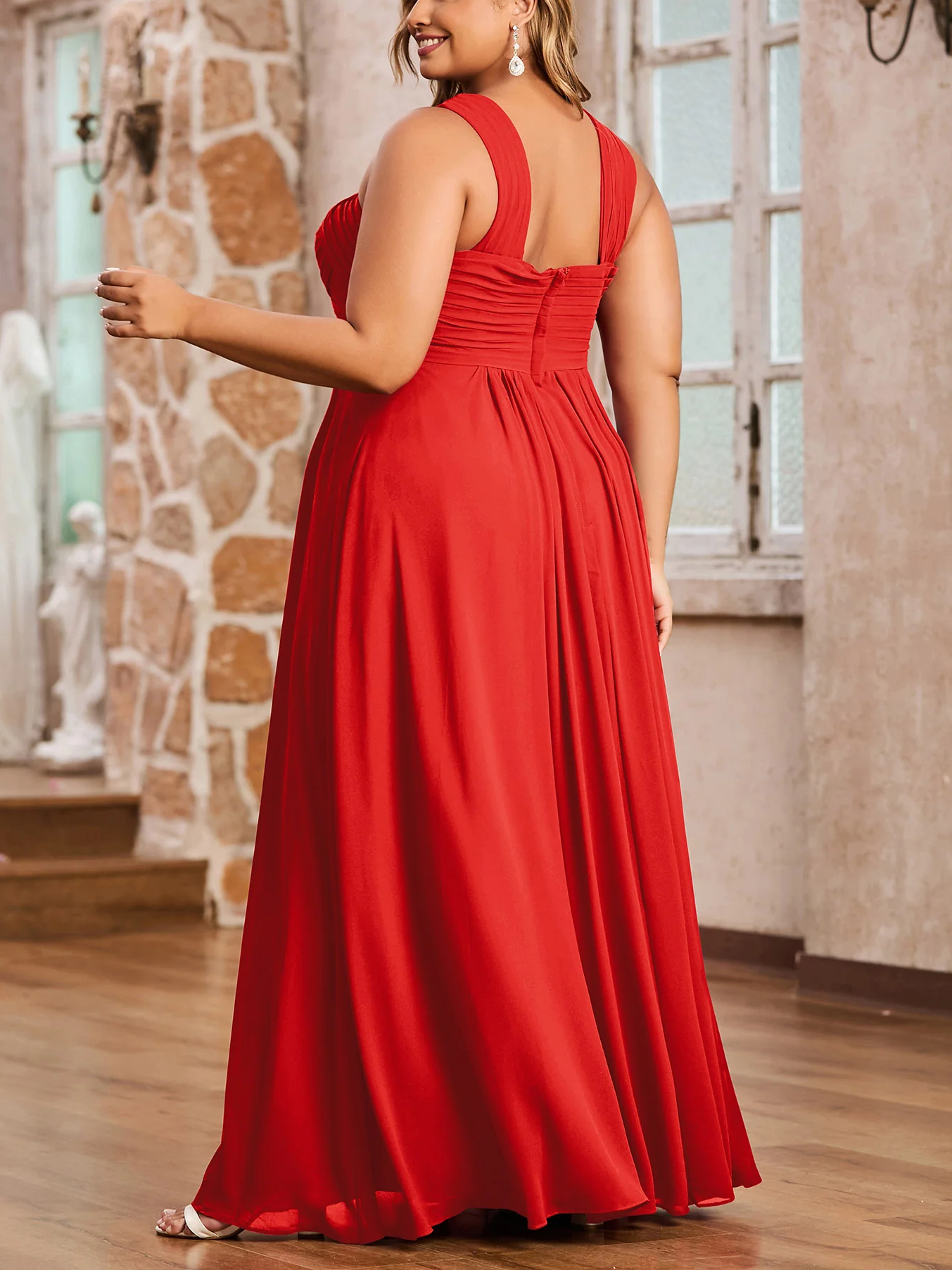 Vestido de gasa con tirantes cruzados y cintura imperio, color verde oliva, talla grande