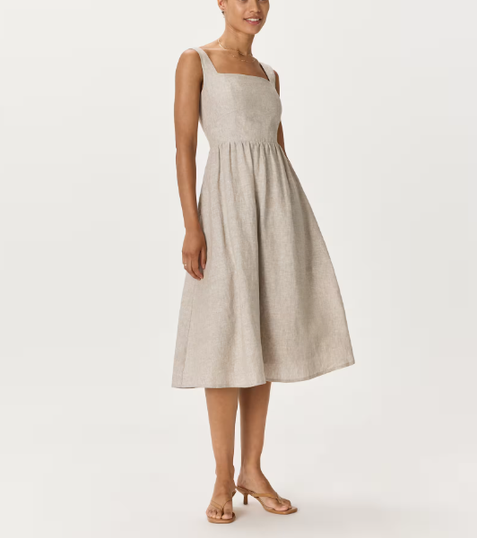 Vestido midi 100% lino europeo, corte ajustado, falda en línea A.