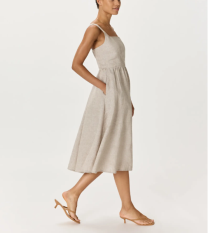 Vestido midi 100% lino europeo, corte ajustado, falda en línea A.