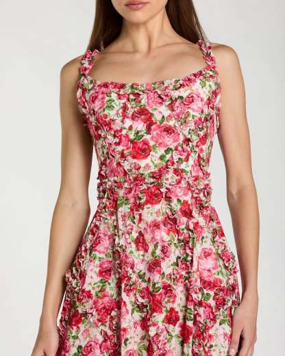 Vestido rosa de corte A con volantes y escote redondo y estampado floral