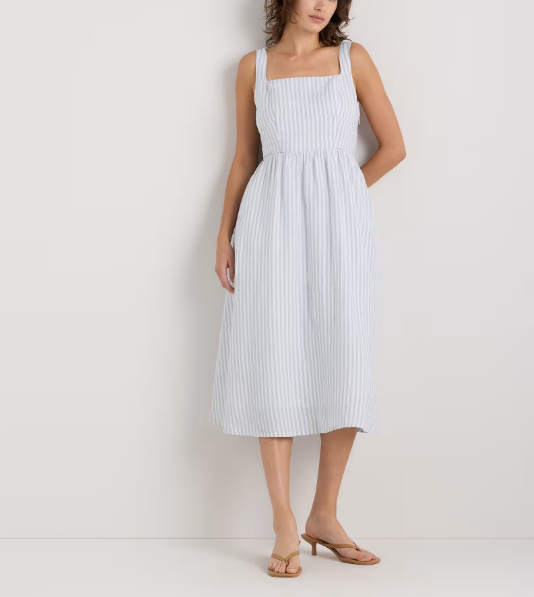 Vestido midi 100% lino europeo, corte ajustado, falda en línea A.