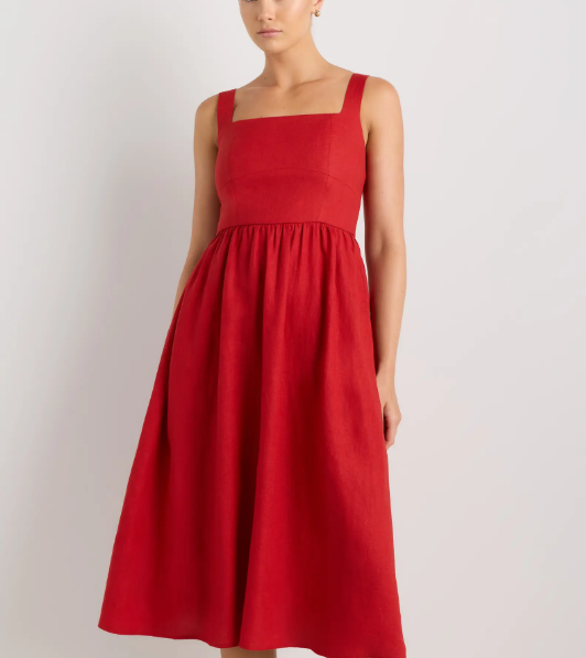 Vestido midi 100% lino europeo, corte ajustado, falda en línea A.