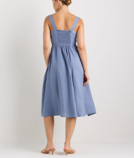 Vestido midi 100% lino europeo, corte ajustado, falda en línea A.