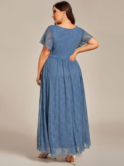 Precioso vestido de novia ELISE de talla grande, manga corta, cuello en V con volantes y corte en A, de encaje, ideal para invitadas de boda.