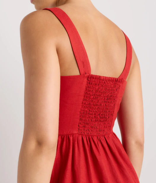 Vestido midi 100% lino europeo, corte ajustado, falda en línea A.