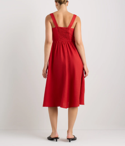 Vestido midi 100% lino europeo, corte ajustado, falda en línea A.