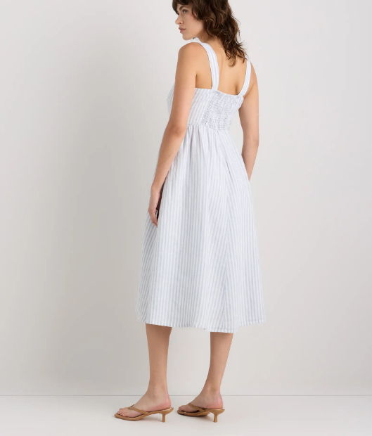 Vestido midi 100% lino europeo, corte ajustado, falda en línea A.