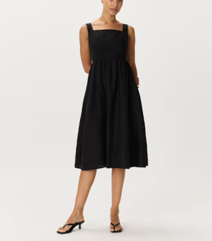 Vestido midi 100% lino europeo, corte ajustado, falda en línea A.