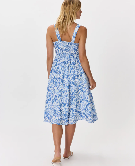 Vestido midi 100% lino europeo, corte ajustado, falda en línea A.