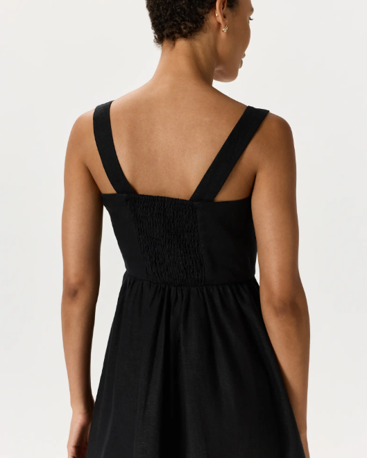 Vestido midi 100% lino europeo, corte ajustado, falda en línea A.