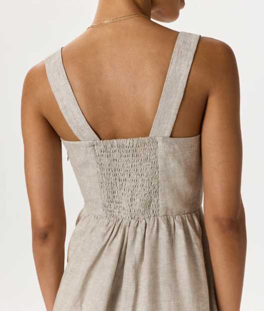 Vestido midi 100% lino europeo, corte ajustado, falda en línea A.