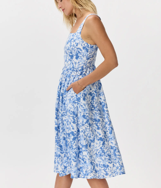 Vestido midi 100% lino europeo, corte ajustado, falda en línea A.