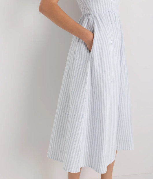 Vestido midi 100% lino europeo, corte ajustado, falda en línea A.