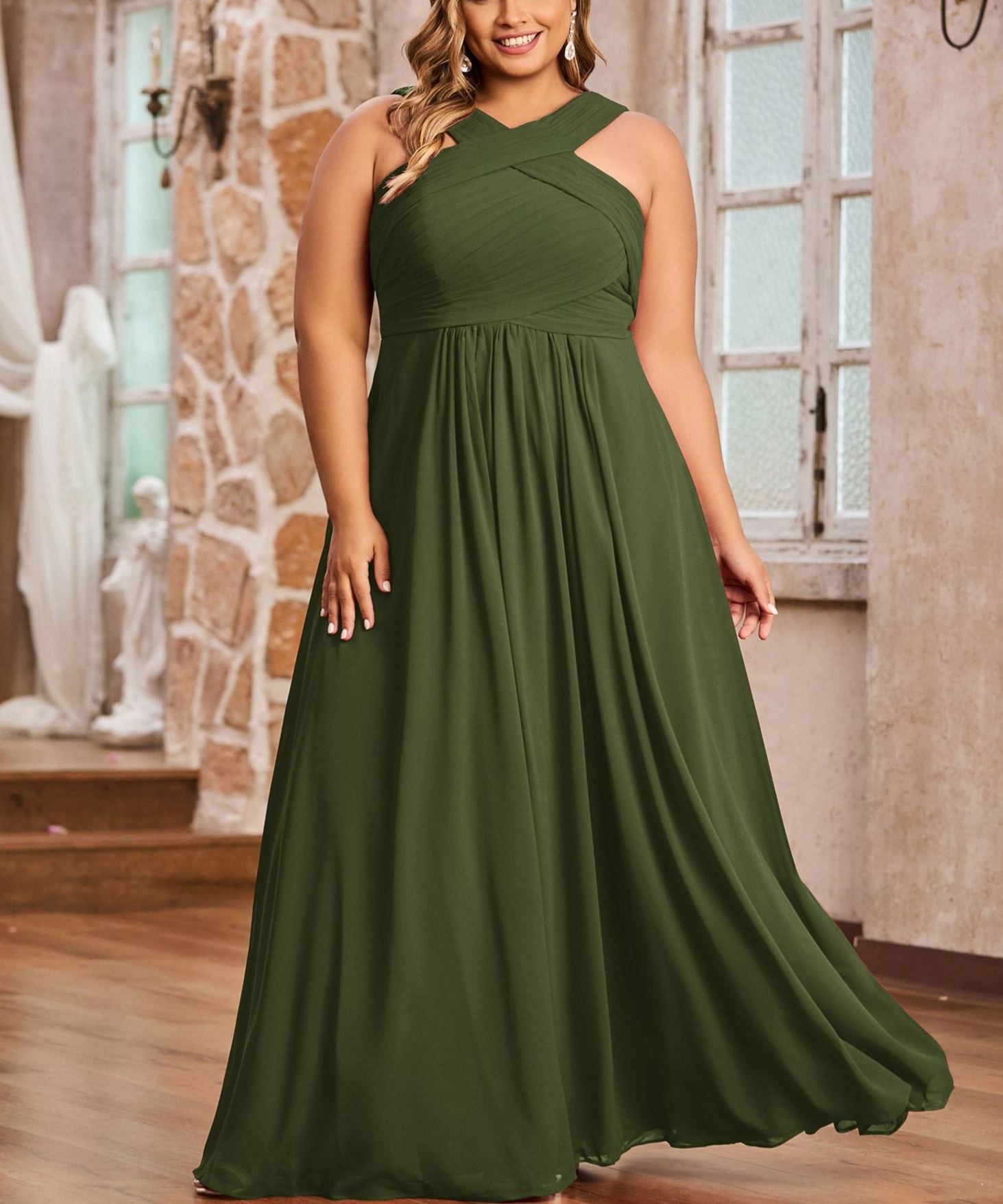 Cross Shoulder Strap Chiffon Dress with Empire Waist Olive Green Plus Size